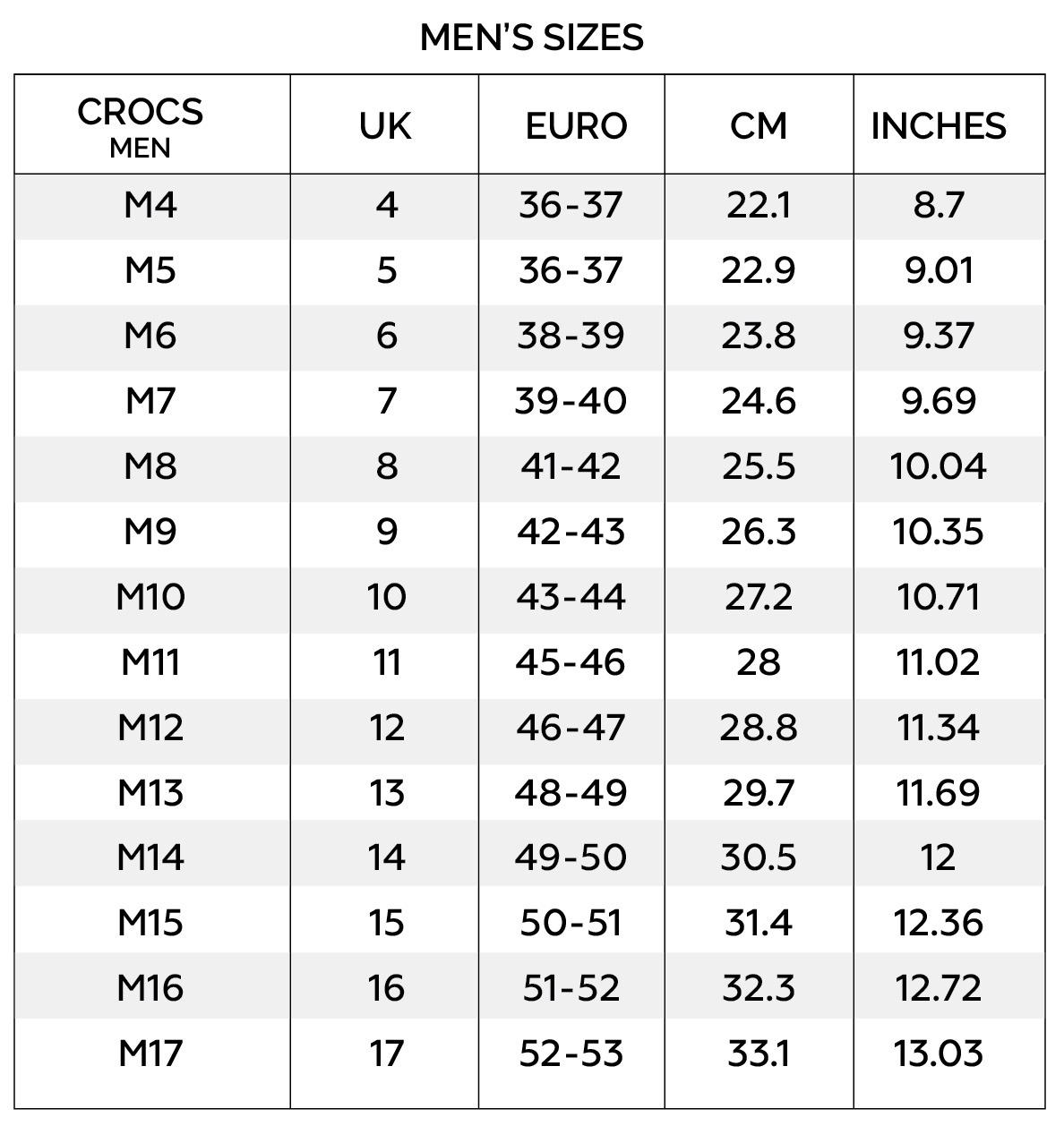 Crocs literide store size chart